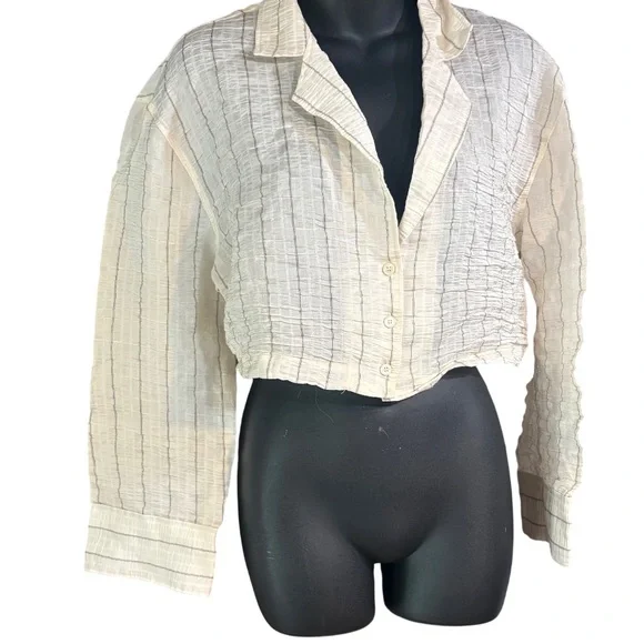 Zara women's cream striped crinkled blazer shirt top cropped medium - Picture 3 of 9